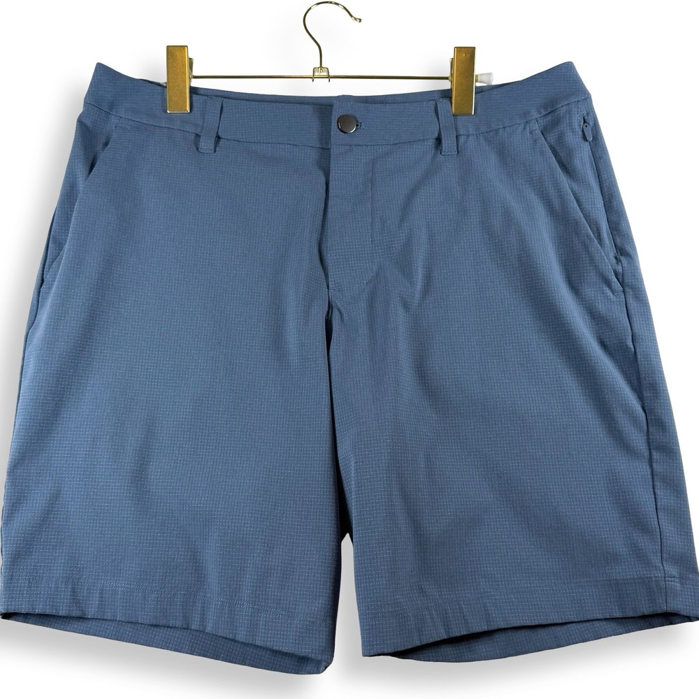 Lululemon Commission Shorts Mens 34 Blue Grid Golf Stretch Performance 9in